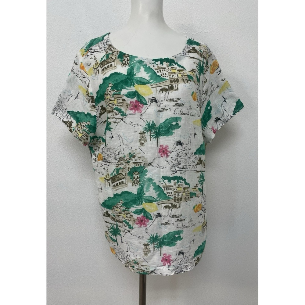Cynthia Rowley Women Top 1X  Amalfi Coast Italy Townscape Green  Linen Casual